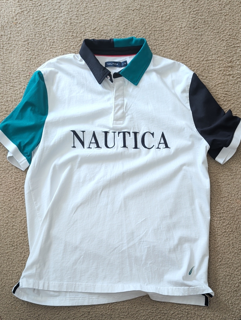 Nautica White Polo with Teal and Black Colorblock Accents